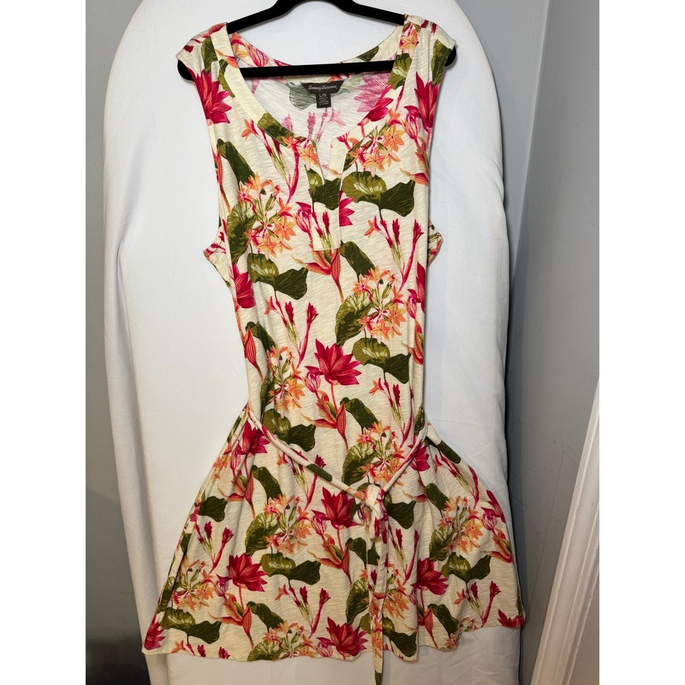 Tommy Bahama Womens Tropical Floral Knit Sleeveless Tie Waist Dress Large